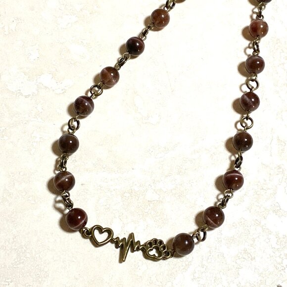 Cute Purple Cat's Eye Bronze Paw Print Heart Beat Adjustable Pendant Choker - Picture 6 of 15